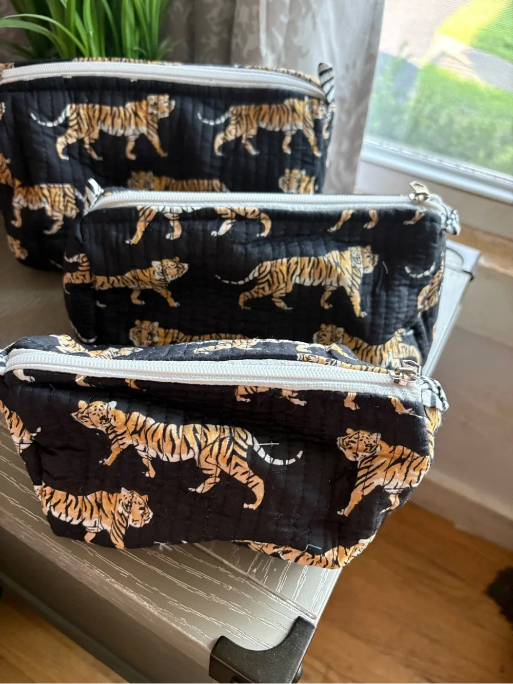 Set of 3 Tiger Print Quilted Cosmetic Pouch Set - Black & Gold